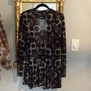 Free People Blue/Purple/cream print mini dress long sleeve, ruffled bottom